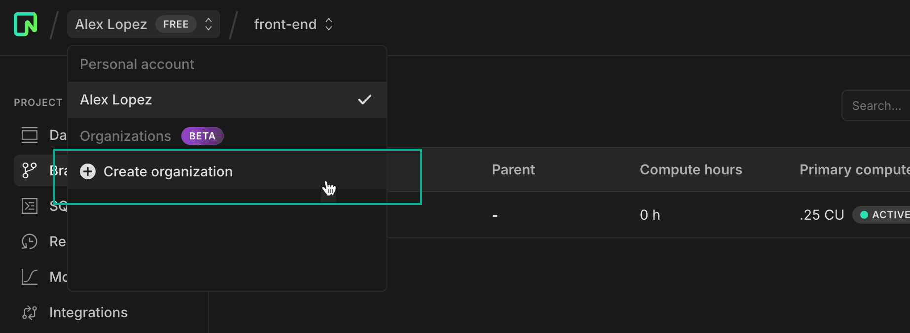 create organization button