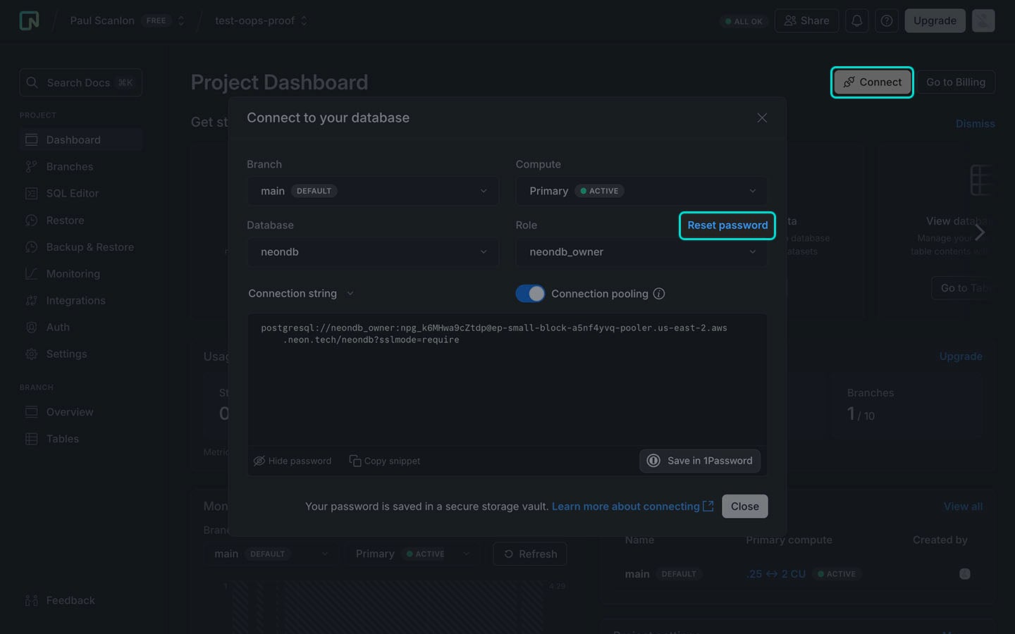 Screenshot of Neon console showing Reset password settings