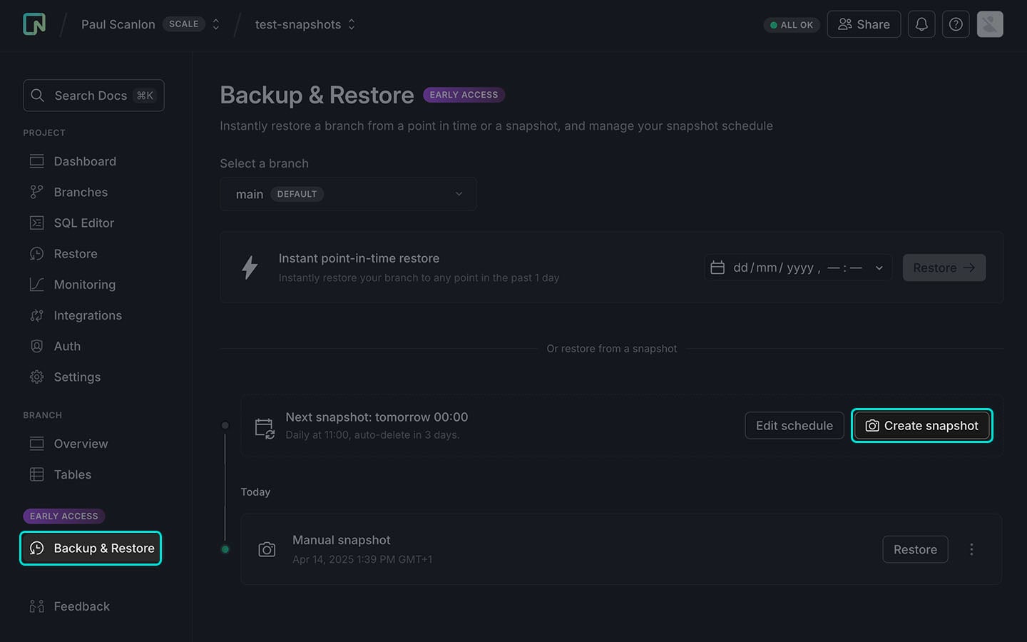 Screenshot of Neon console showing Snapshot settings