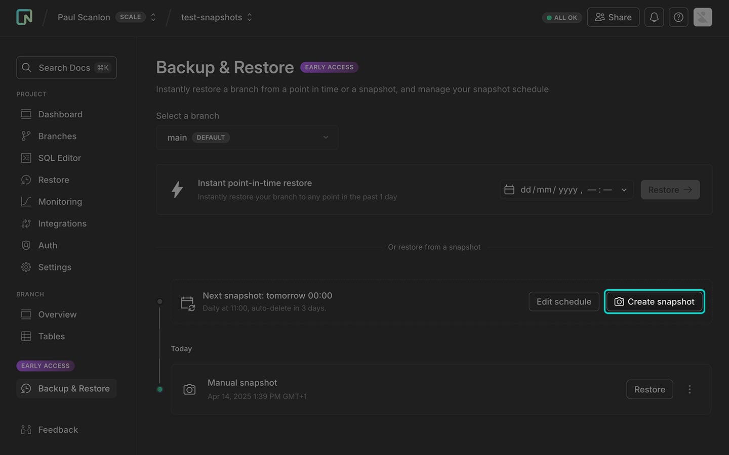 Screenshot of Neon console with Create snapshot button highlighted